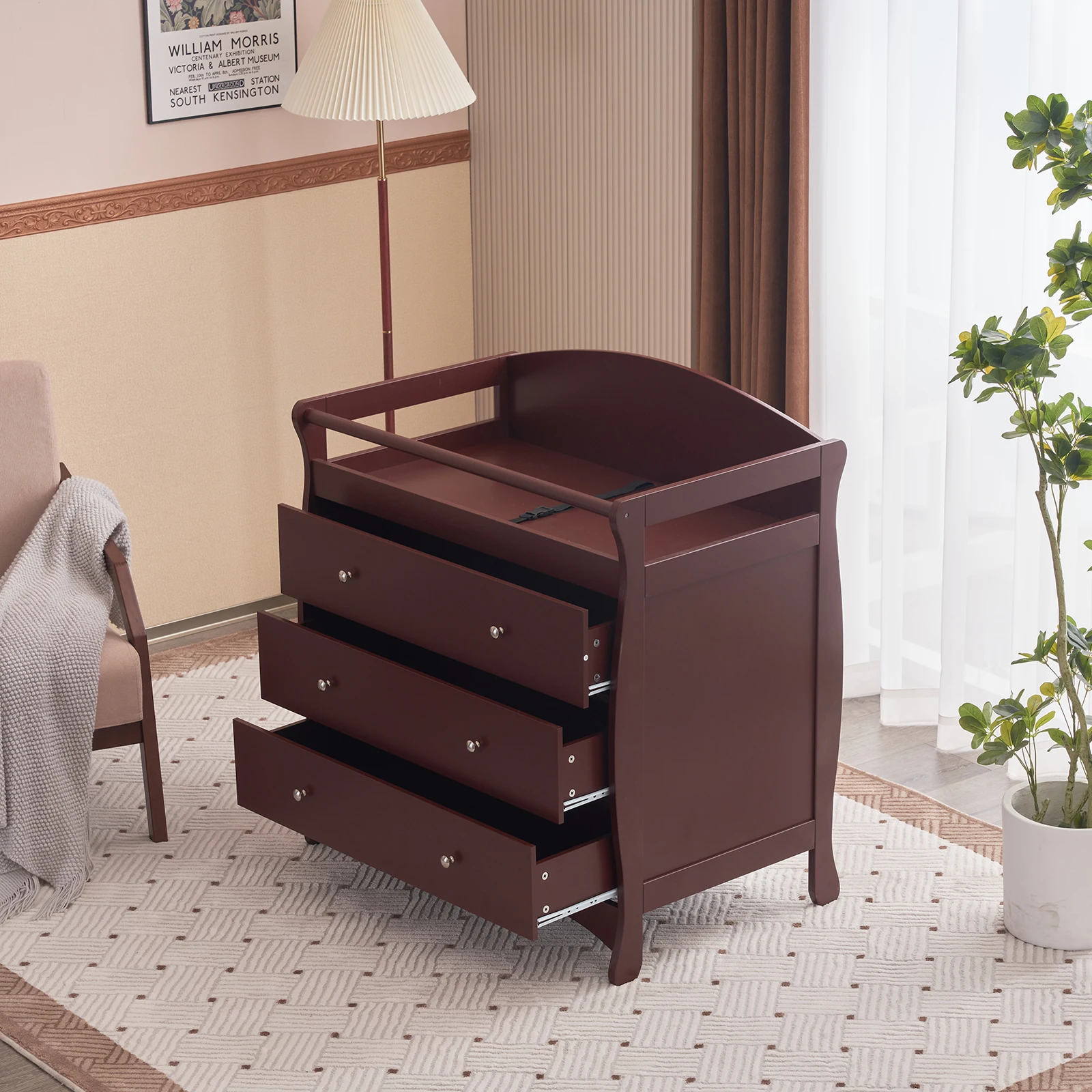 

90*58*99cm Three Drawers With Seat Belt Baby Wooden Bed Nursing Table Brown