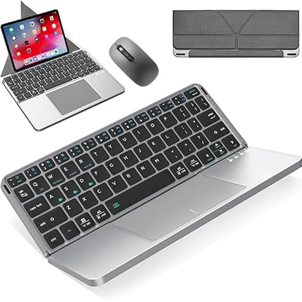 

JOMAA Складная Bluetooth-клавиатура с сенсорной панелью и умной голосовой мышью Портативная беспроводная клавиатура и мышь с подставкой