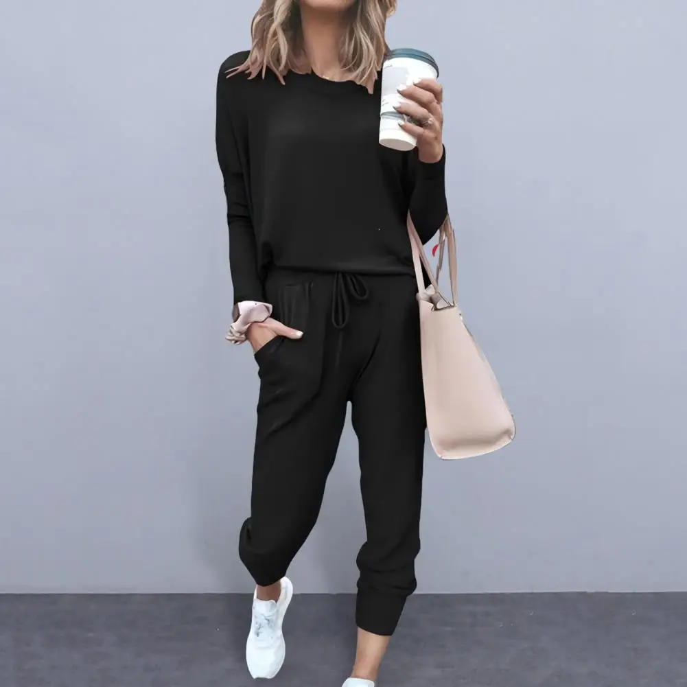 2 Pcs/Set Women Top Pants Suit Long Sleeves Sleepwear Sport Sweatshirt Drawstring Elastic Waist Trousers Fall Spring Tracksuit