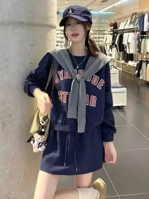 

plus Size Women's Hoodie And Skirt Two-Piece Set in Royal Blue Letter Print Casual Comfortable Korean Sle Autumn Winter