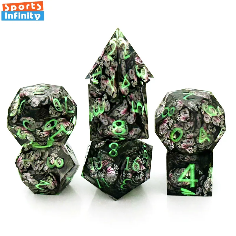 

7pcs/set New Butterfly Flower Skeleton Printing Resin Dice Set for Dnd COC Running Dice TRPG Cthulhu Polyhedral Beautiful Dice