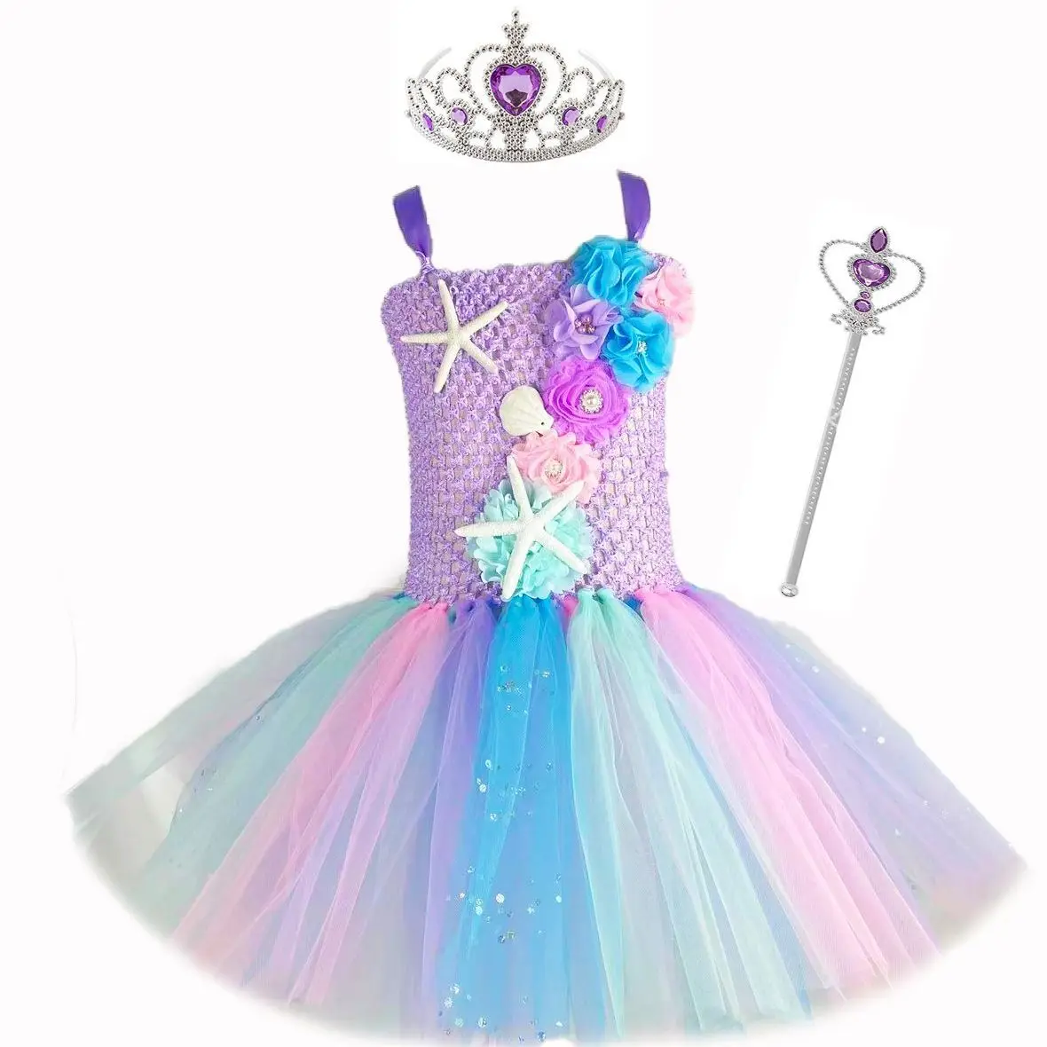 Girls Mermaid Princess Tutu Dress Starfish Sea Theme Birthday Halloween Party Carnival Costumes Kids Glitter Flower Dress 1-12Y image 4