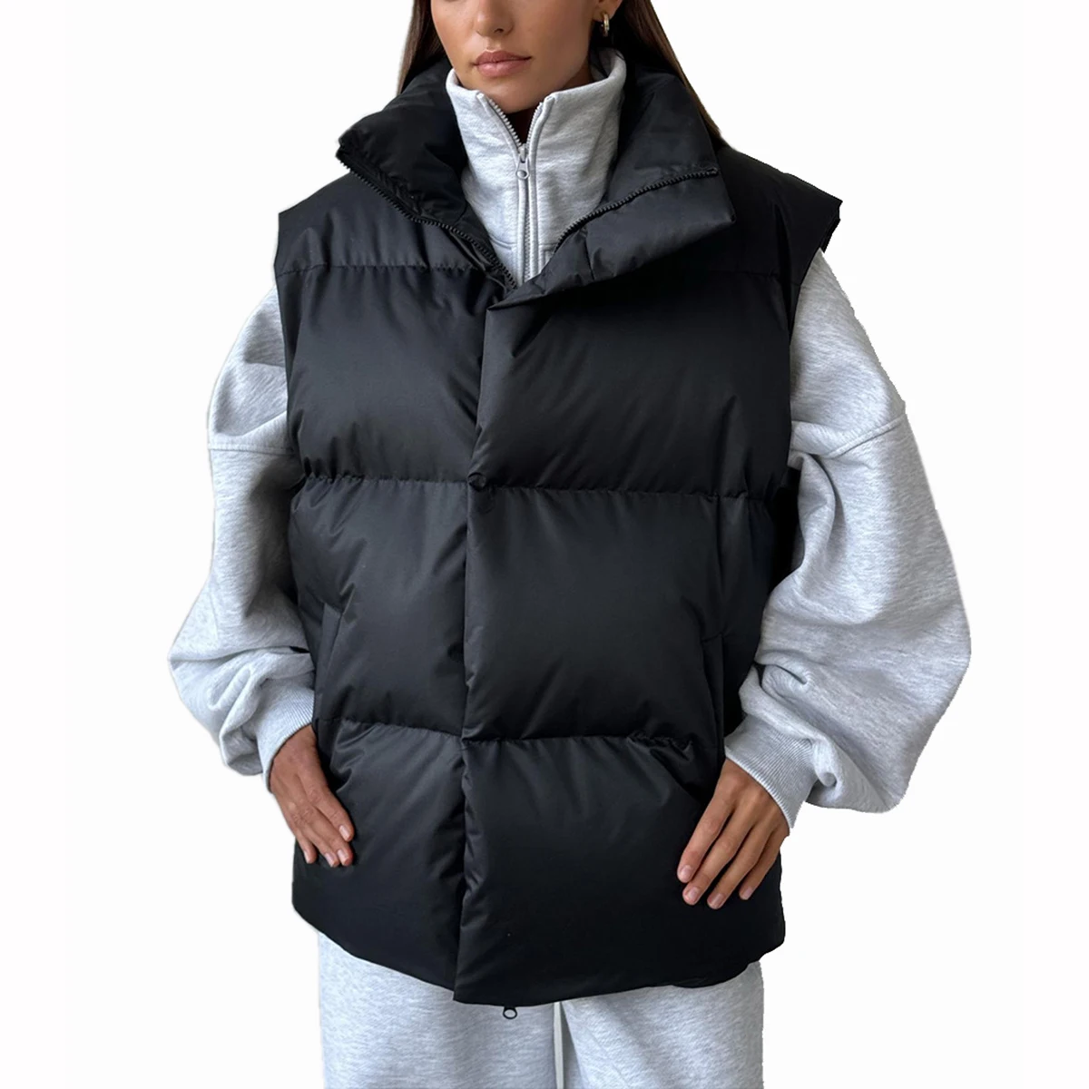여성용 아우터웨어 캐주얼 조끼 다운 패딩 코튼 퀼팅 슬리브리스 퍼프 루즈 출퇴근용 패딩 겨울 방한 조끼