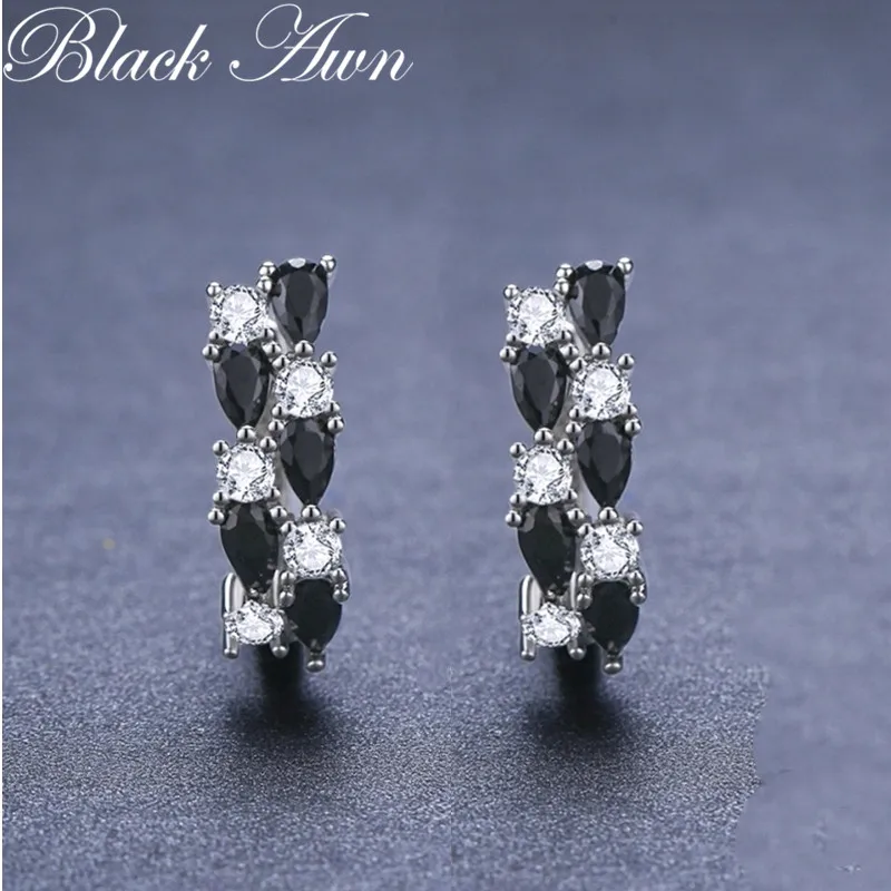 Black Awn 2026 Classic Silver Color Jewelry Black Spinel Stone Cute Stud Earrings for Women Bijoux Femme Boucles d\'oreilles I228