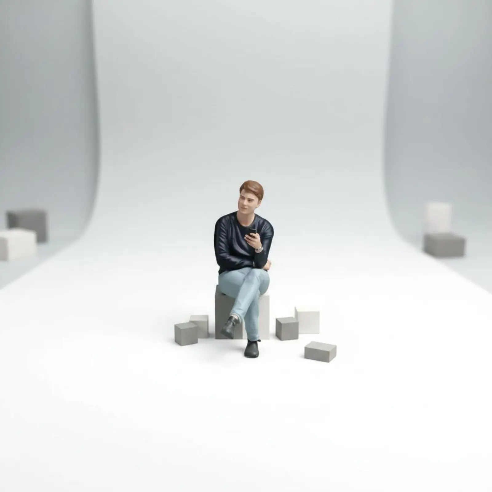 Miniature Man with Phone Highly Detailed Seated Man Figurine Painted Male Character Model Handmade Craft Scale Model Person