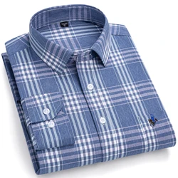 Men's Stylish Plaid 100% Cotton Casual Button-Down Shirt, Long Sleeve, Horse Riding Embroidery Pattern, Suitable for All Seasons
