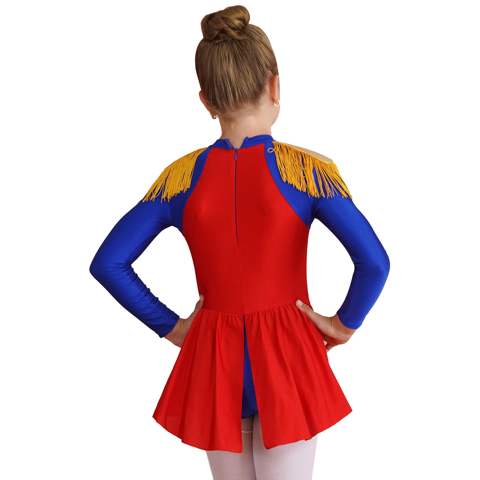 Halloween Circus Cosplay Drum Major Costume Kids Girls Long Sleeve Tassel Epaulet Short Jumpsuit with Skirt Coattails Dancewear