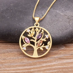 Nidin Trendy Custom Tree of Life Necklace for Women Gold Plated Round Pendant Zircon Jewelry Parents Christmas Gifts Wholesale