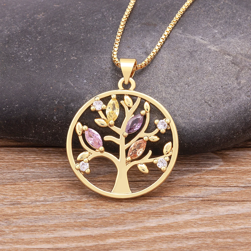 Nidin Trendy Custom Tree of Life Necklace for Women Gold Plated Round Pendant Zircon Jewelry Parents Christmas Gifts Wholesale