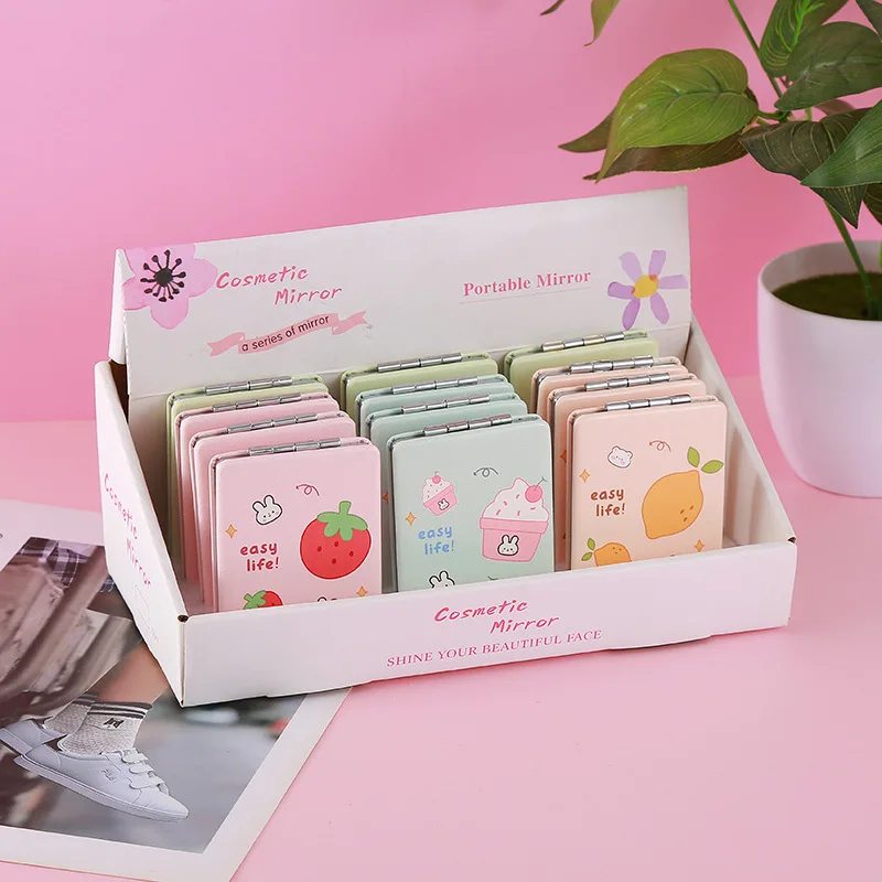 Rectangular Foldable Double-Sided Makeup Mirror Fruit Design Portable Handheld for Students Touch-up Compact PU Vanity Mirror