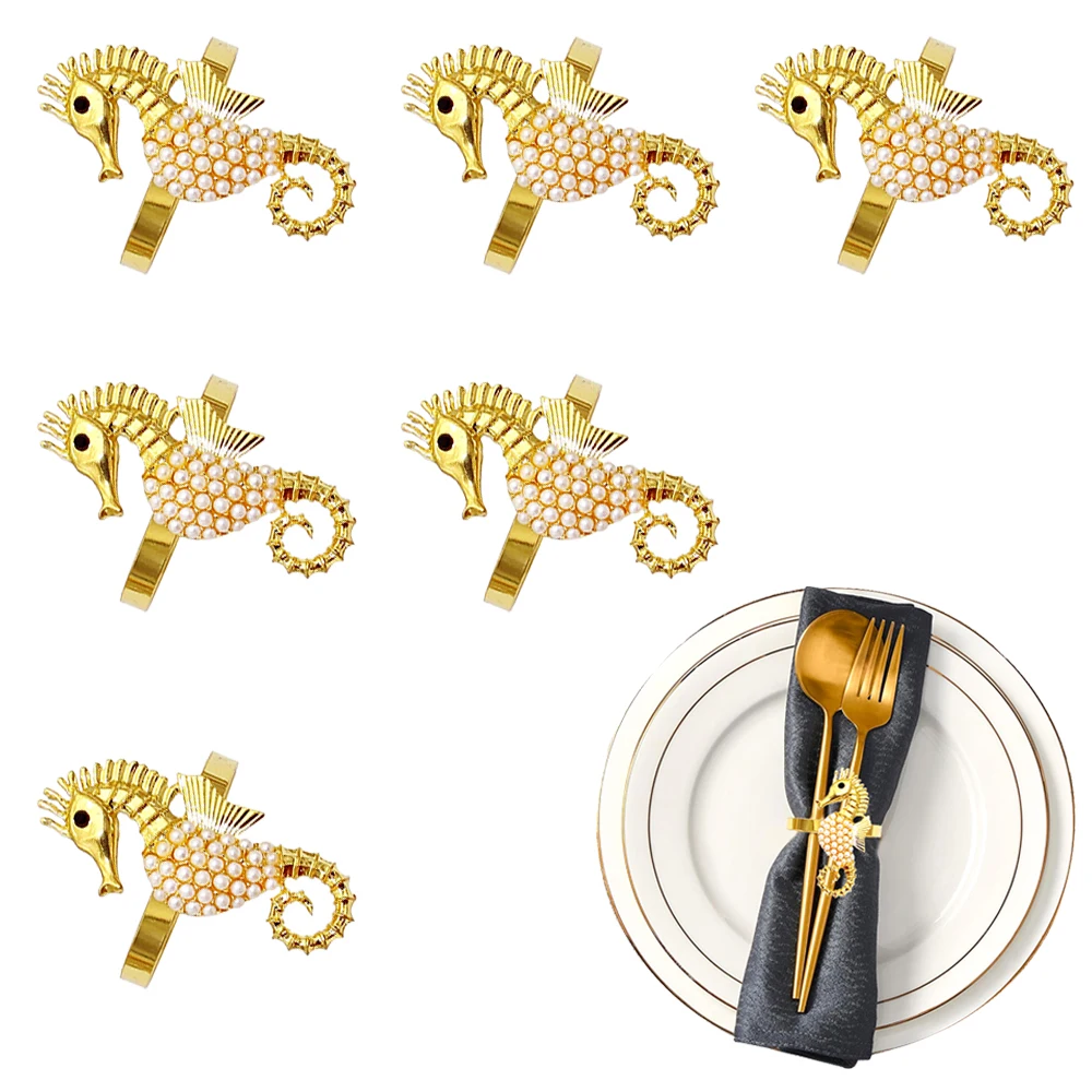 6Pcs Durable Seahorse Napkin Rings Gold Sea Animal Napkin Holder for Wedding Festival Birthday Candlelight Dinner Table Decor