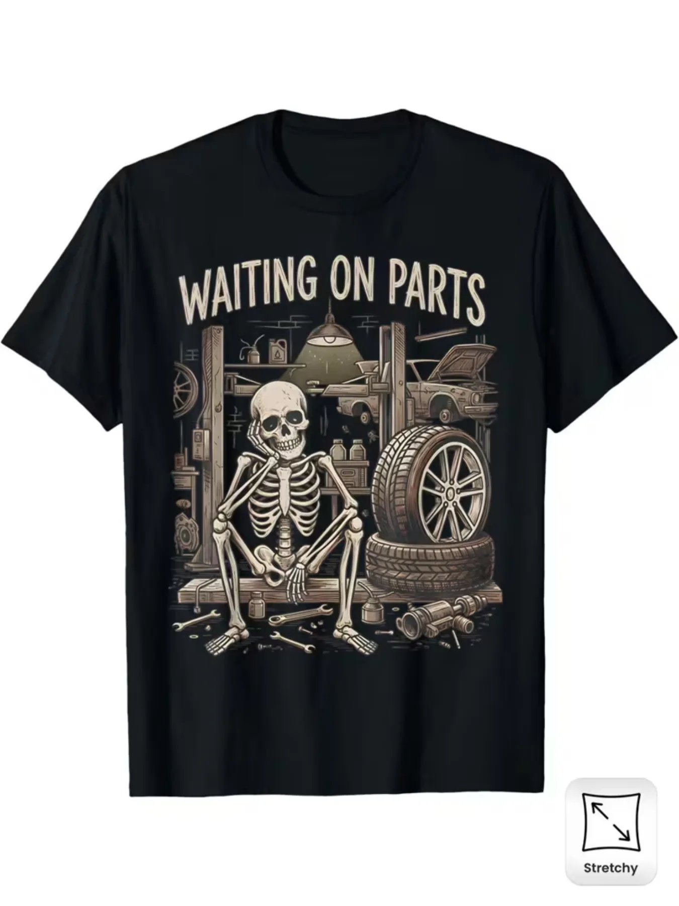 Men's Skeleton Waiting On Parts Mechanic Garage Print T-Shirt Vintage Car Repair Crew Neck Tee