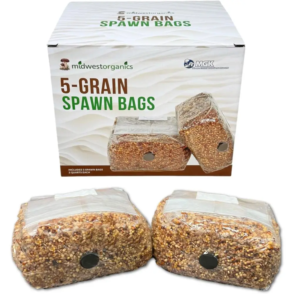 

Premium 5-Grain Mushroom Spawn Bags Sterilized Grain Spawn Injection Ports 2 Quarts Each Bag 2 Bags per Box