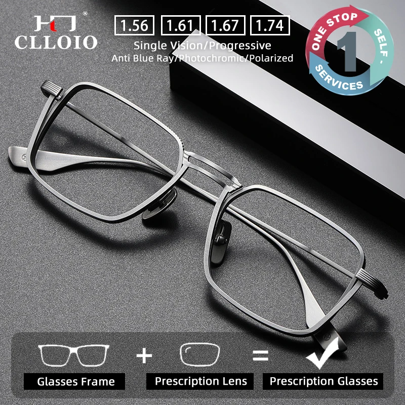 CLLOIO Pure Titanium Blue Light Blocking Men Reading Glasses Handmade Myopia Prescription Frame Photochromic Progressive Eyewear