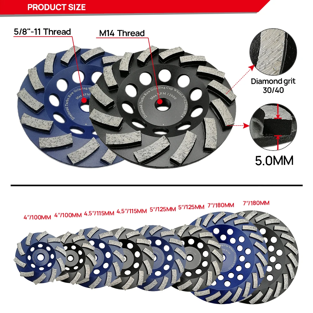 DT-DIATOOL Mola a tazza premium per calcestruzzo granito con disco abrasivo M14 o 5/8-11 filettatura diametro 100/115/125/180 mm