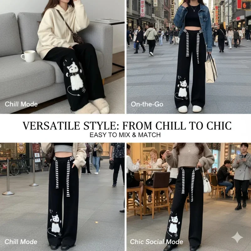 Funny Cat Sweatpants Women Black Wide Leg Cute Pants American Lazy Loose Fit Streetwear Spring Summer Trendy Unisex Outfit New