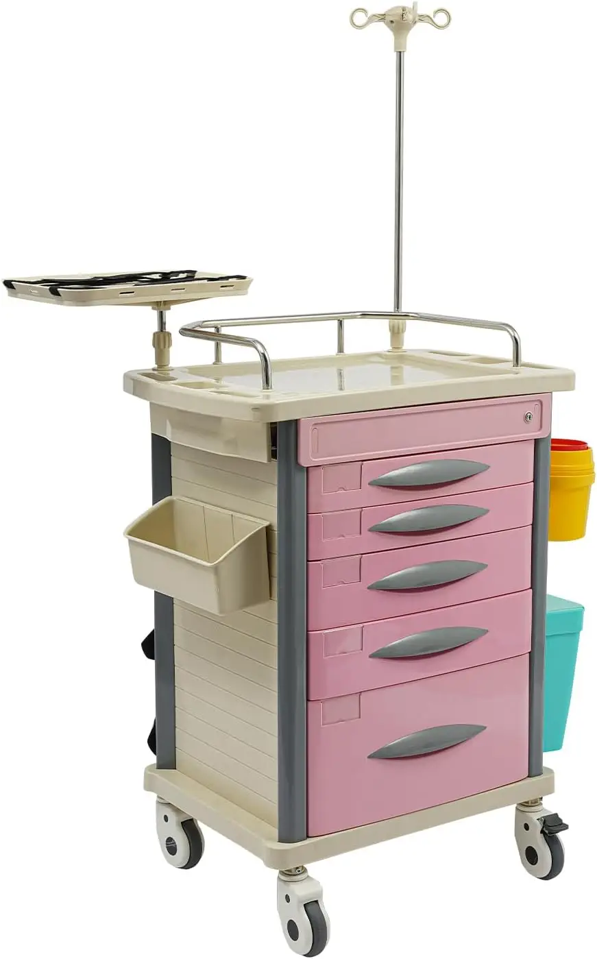 Medical Rolling Crash Cart with Accessories-CPR Board, 2 Trash Bin, Power Strip, Drawers with Dividers, Mobile Medical Cart for