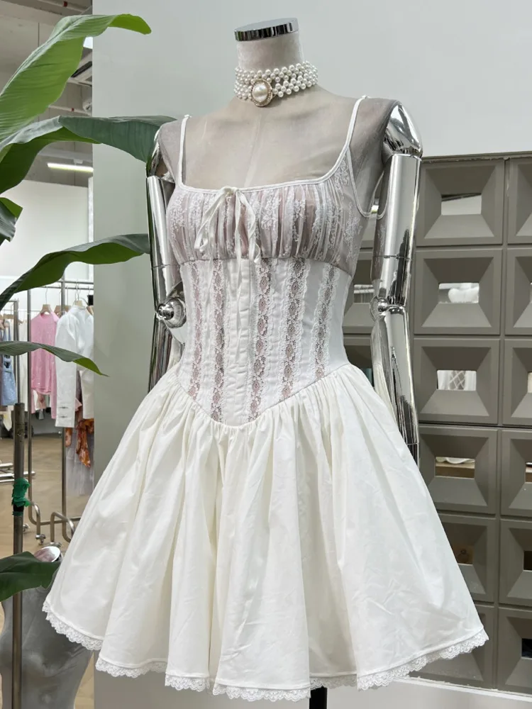 DFDG Vestido de encaje con cuello bajo y dobladillo abombado para mujer, minifalda de estética pura, cintura corsé, fiesta, noche, boda, primavera, verano 2025