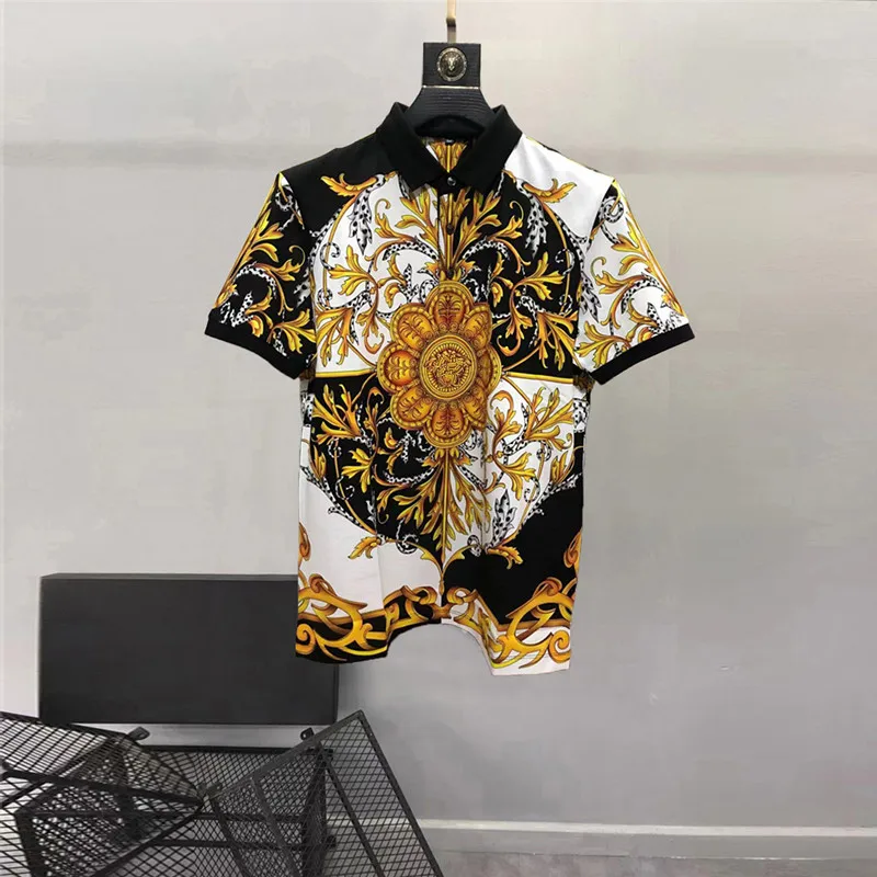 Europe and the United States men's 2024 winter new Short sleeve lapel palace vintage print Fashion T-shirt