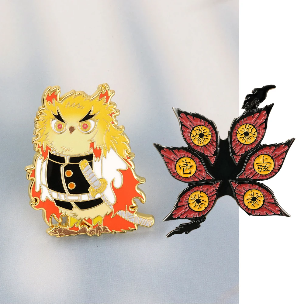 The Flame Hashira Badges Anime Cosplay Demon Upper Rank One Costmes Pins Cute Cartoon Owl Six Eyes Irregular Brooches