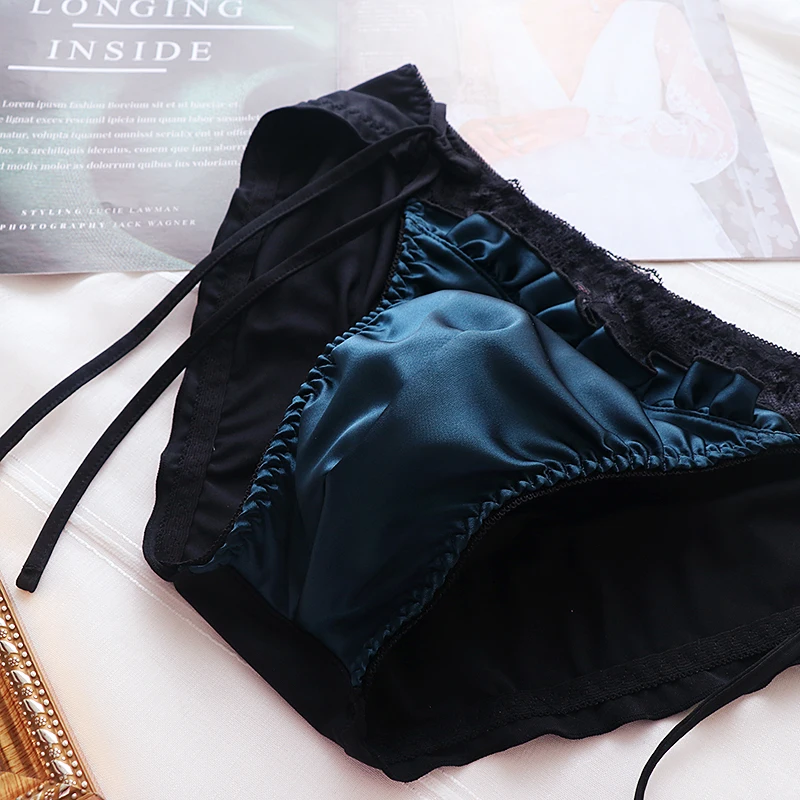 남성용 핑크 브리프 실크 레이스 주름 부드러운 시시 스위트 브리프 순색 크로스드레싱 보우 팬티 커플 BF 이너웨어 팬티