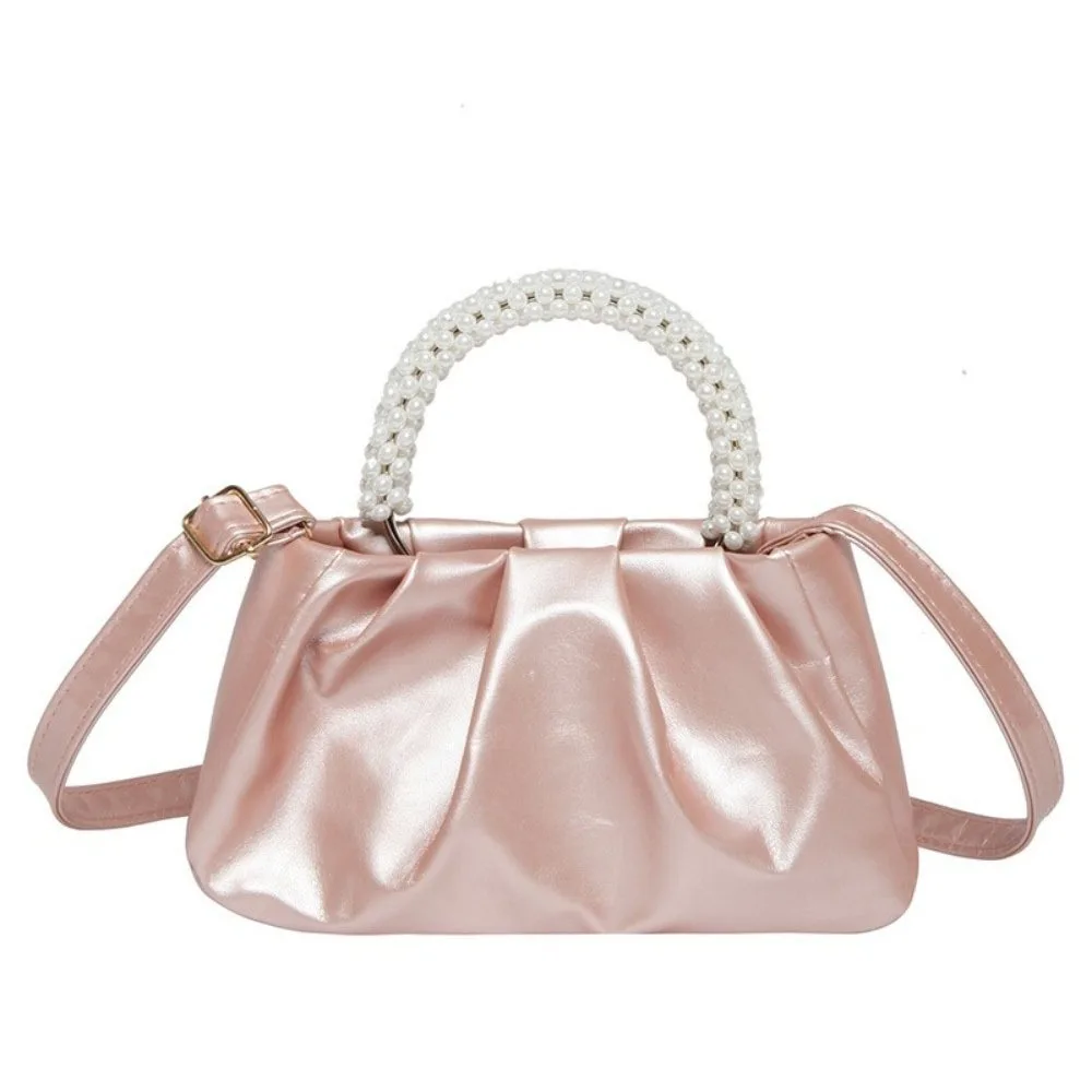 Versatile Solid Color Cloud Bag Square Portable Pearl Handbag Wrinkled Korean Style Women Shoulder Bag Party Wedding