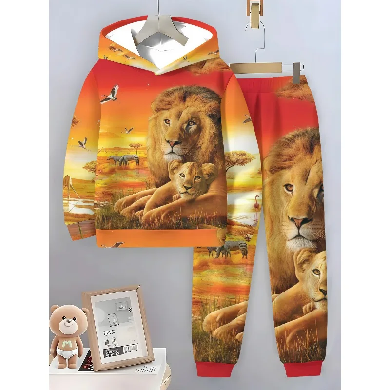 2025 Men's 2-piece Tiger Head Greek Key Leopard Lion Animal 3D Printed Hoodie and Running Pants Set