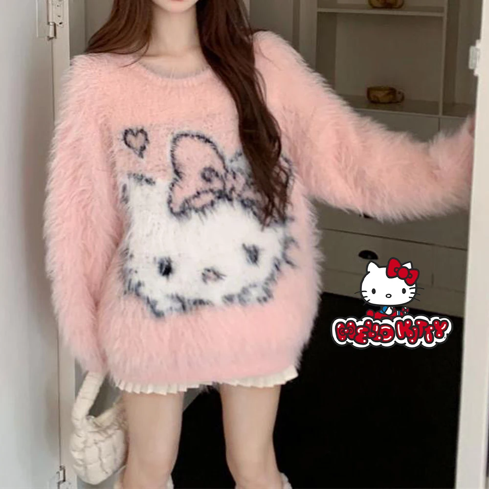 Hello Kitty Sanrio Soft Pullover Cartoon Autumn Winter Sweet Loose Sweaters Korean Cute Pink Knitted Shirt Y2k Aesthetic Tops