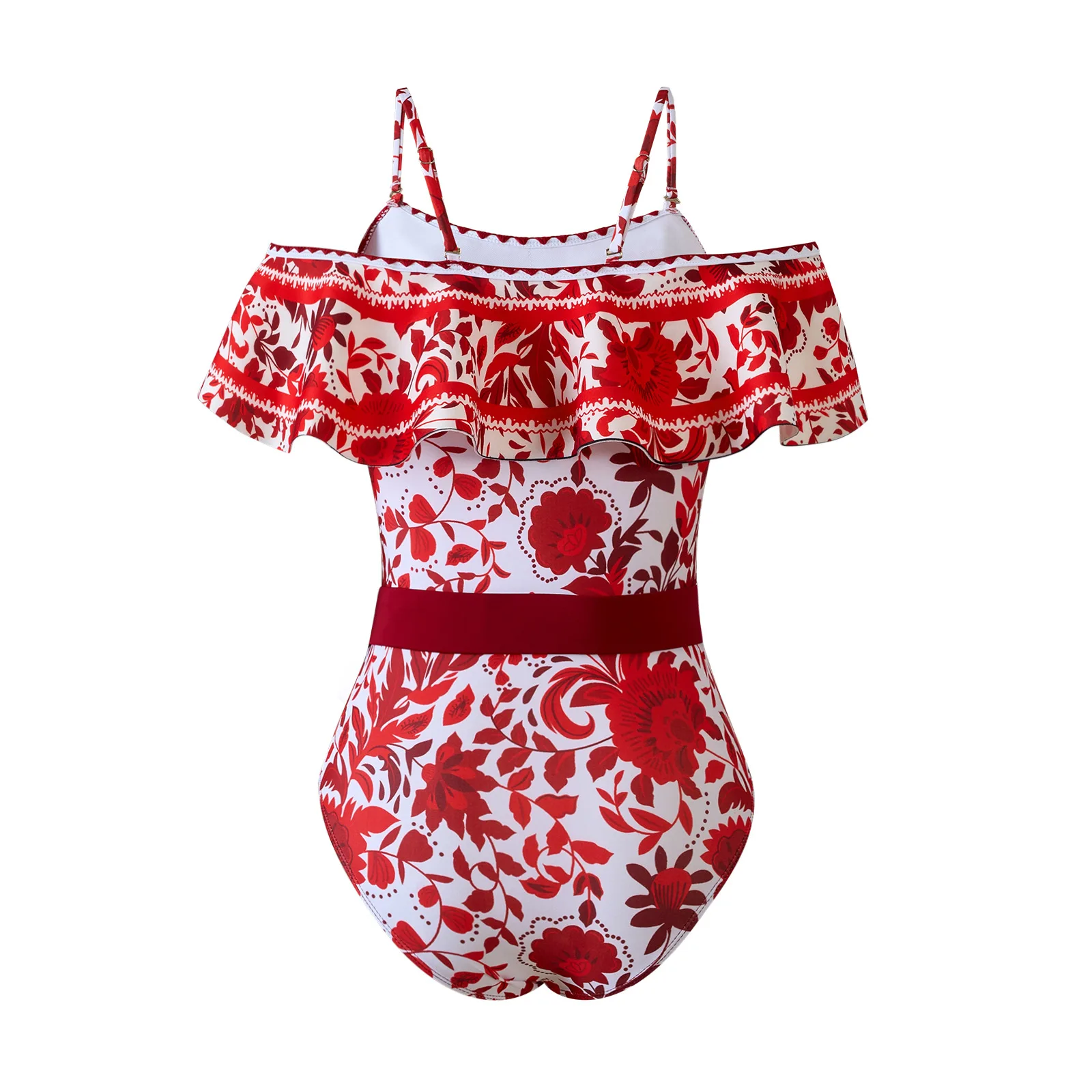 One-piece Women Swimwear Red Floral Print Swimsuit Bodysuit Bikini Set Beach Vacation  Style Wear Maxi Dress Skirt