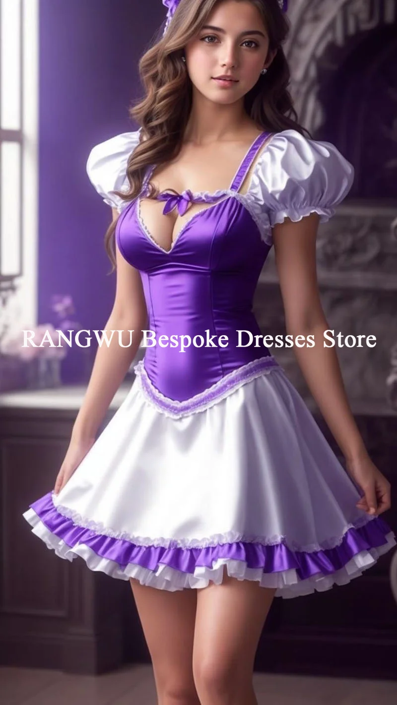 Halloween Purple Maid Dress 2026 Mini Short Evening Dress Lace Ruffles Cocktail Dress 2026 Birthday Cosplay Wear