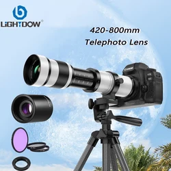 Lightdow Manual Zoom Telephoto Lens 420-800mm F8.3-16 With UV CPL FLD Lens Filters 2X Converter for Nikon Canon Sony Cameras