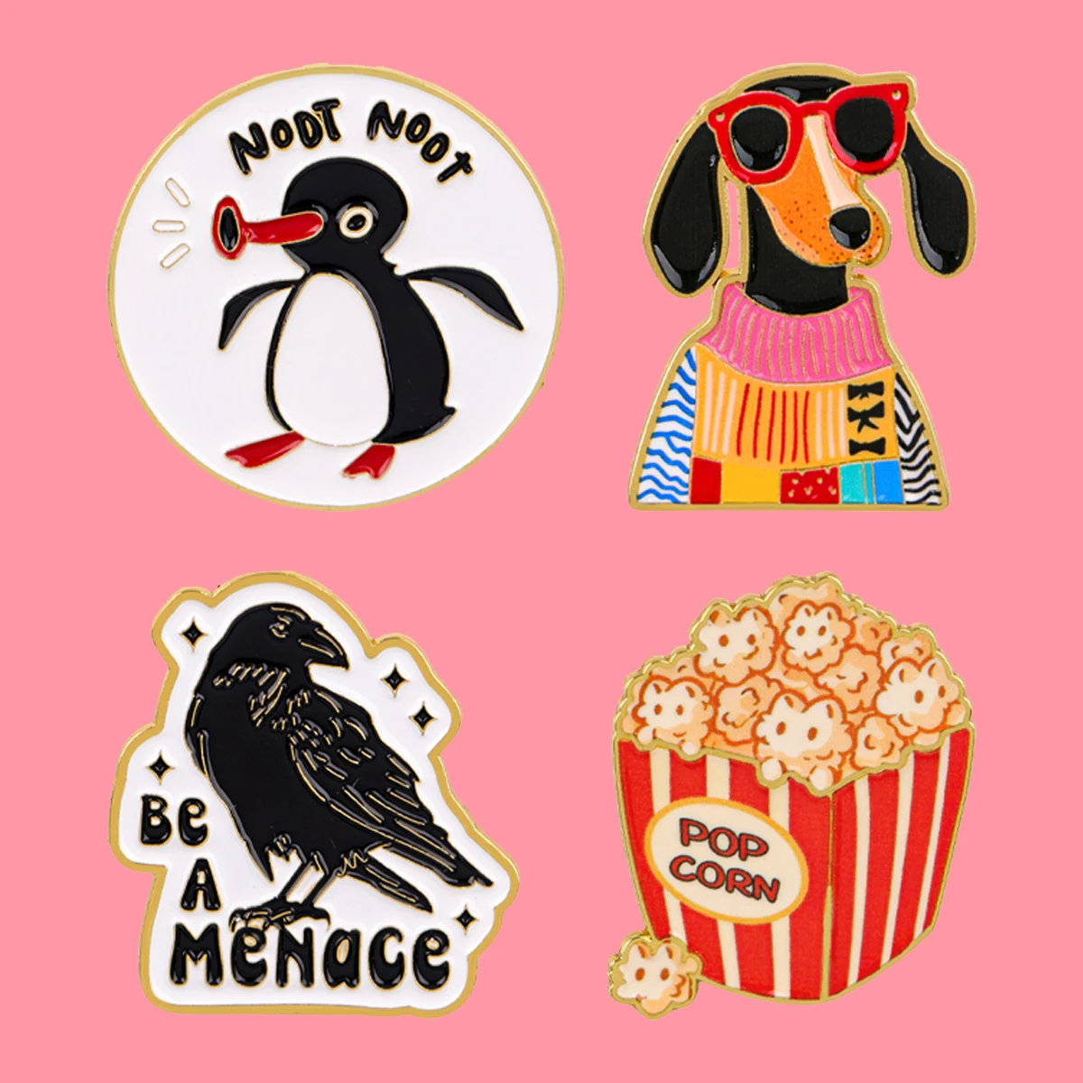 Popcorn Cat Dachshund Enamel Pin Crow Penguin Quote Brooch Lapel Pin Badge on Backpack Clothing Accessories Fashion Jewelry Gift