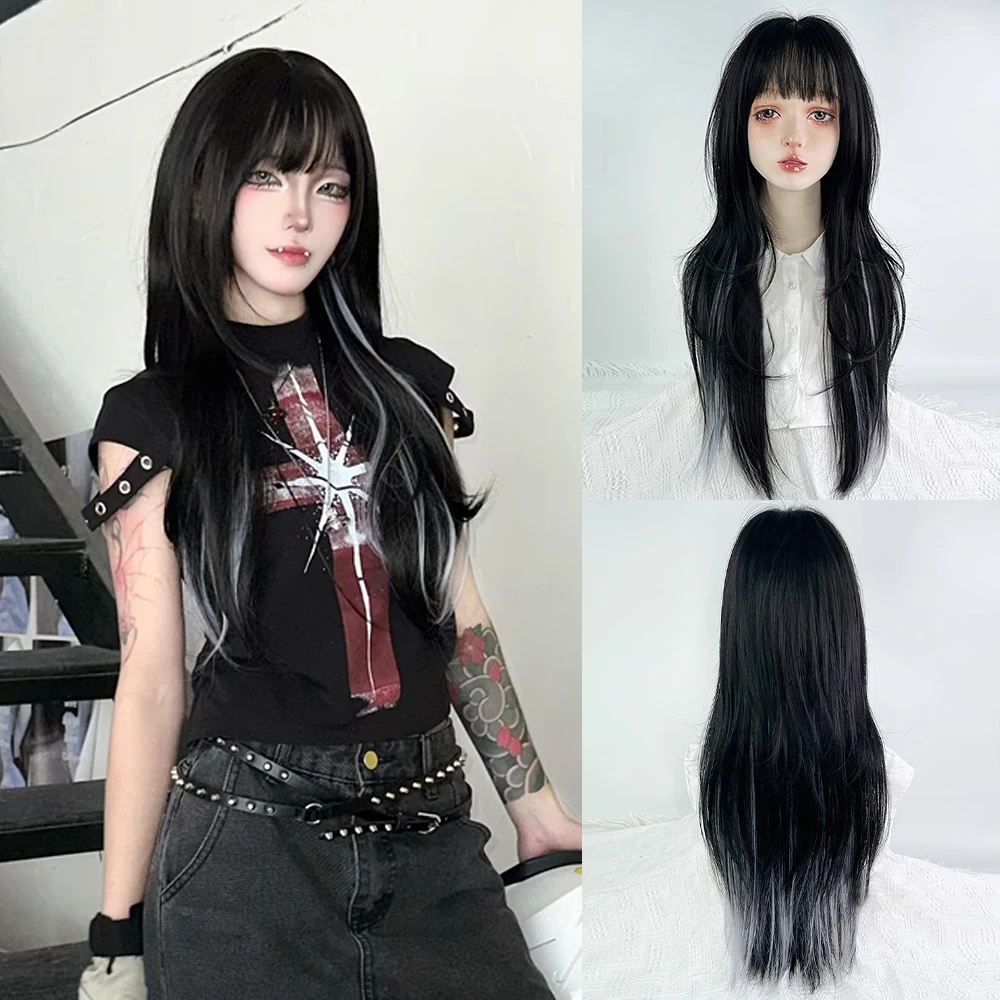 

Black Ombre Gray Synthetic Long Straight Mullet Head Wigs Layered Women Fluffy Lolita Cosplay Wig for Daily Party