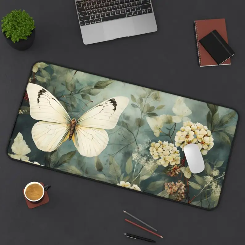 

Large Pastoral Floral Mouse Pad, Vintage Butterfly Desktop Mat, Natural Wildflower Mouse Pad, Desktop Decoration, Gamer Mat