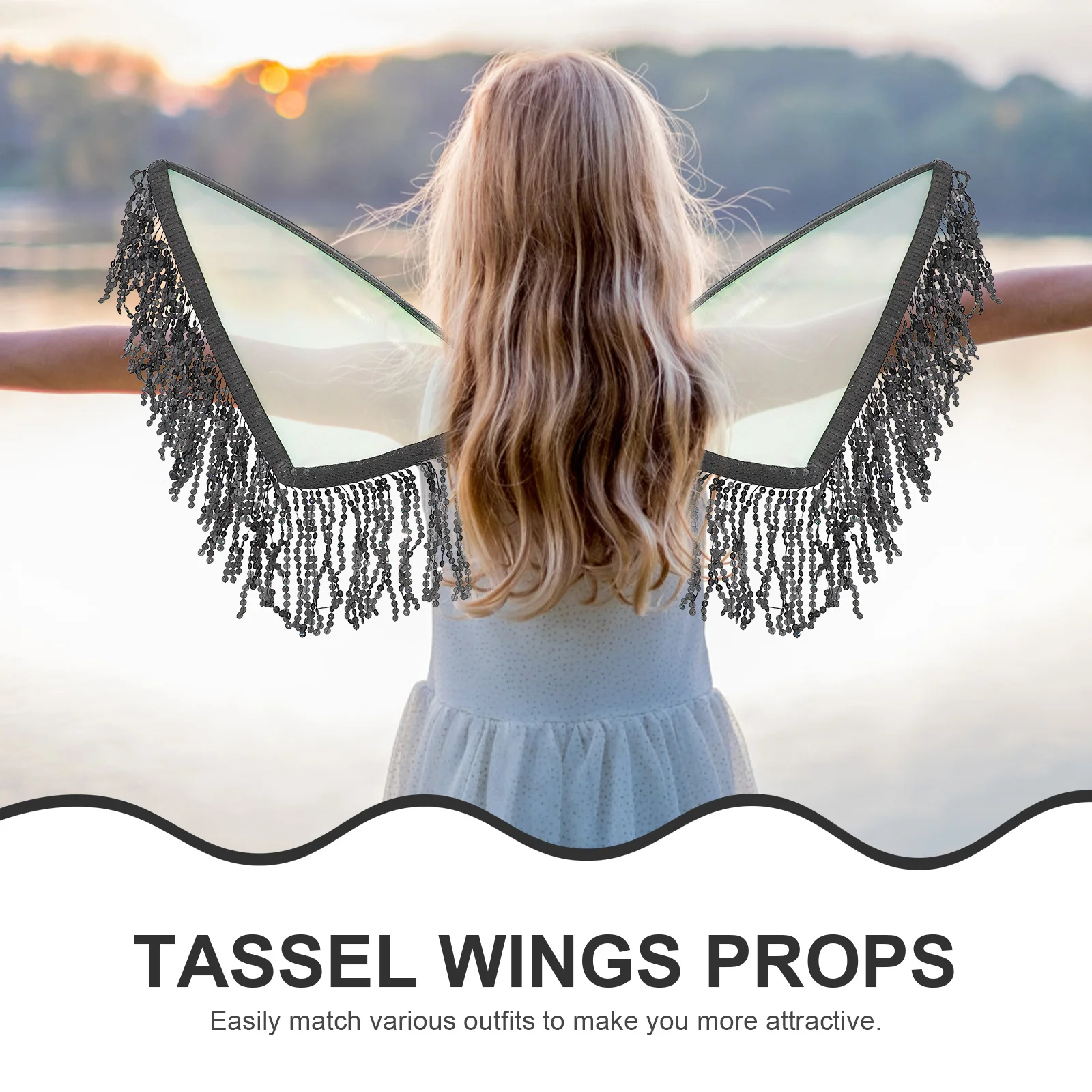 

Black Tassel Wing Prop Exquisite Sequins Cosplay Costume Halloween Party Wings for Adults Performance Role Play