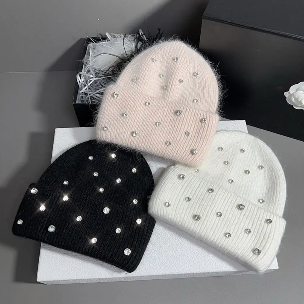 Luxury Rhinestone Beads Knitted Hat Casual Rabbit Fur Pullover Yarn Hat Thickened Warm Bonnet Beaanies Women