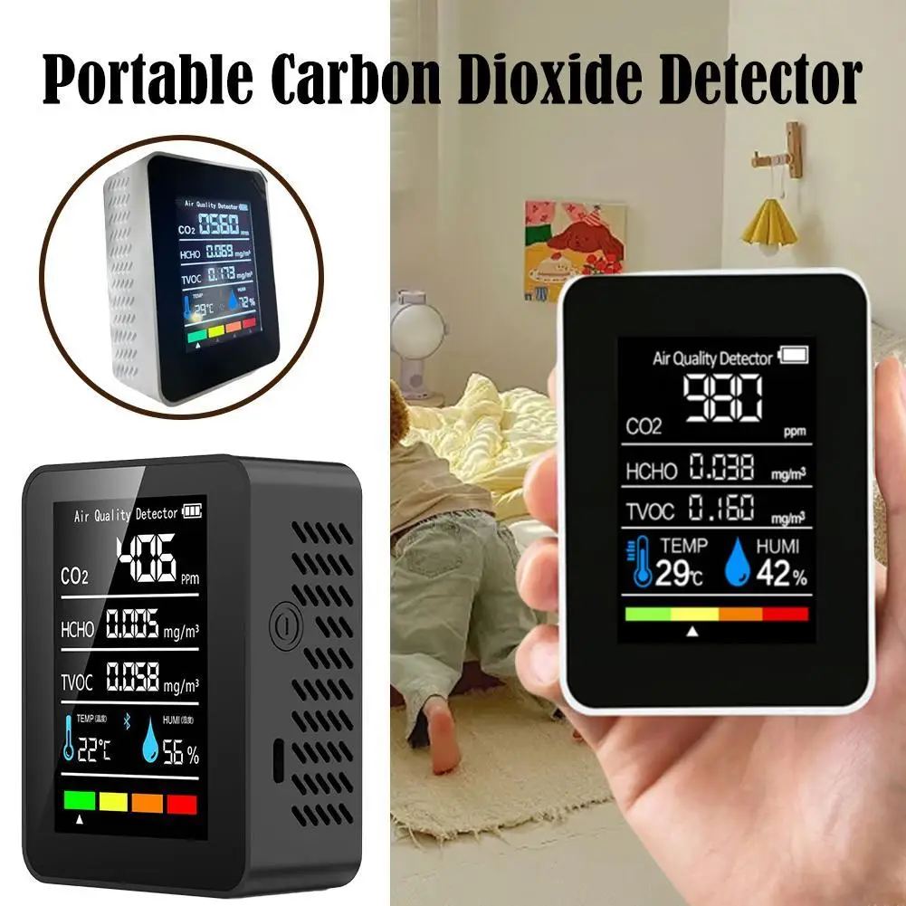 5 In 1 Digital Air Quality CO2 HCHO TVOC Temperature Humidity Monitor Tester Carbon Dioxide LCD Rechargeable 