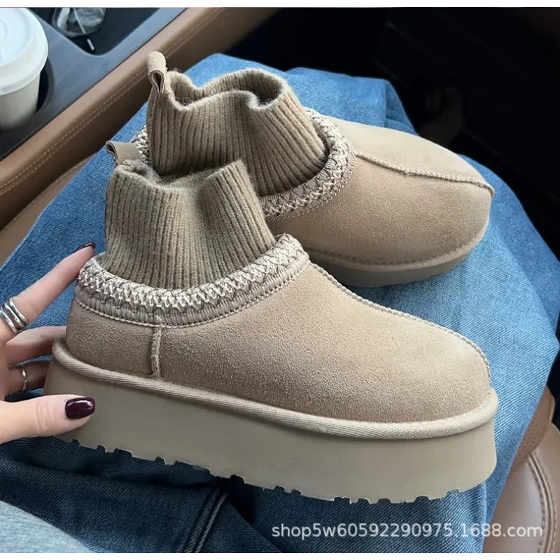 Hohe Schneestiefel, SGGU, für Damen und Herren, im ethnischen Stil, mit Schnürung, große Damengrößen, Baumwollstiefel, aus gestricktem Rindsleder, Wolle. – Detail 11
