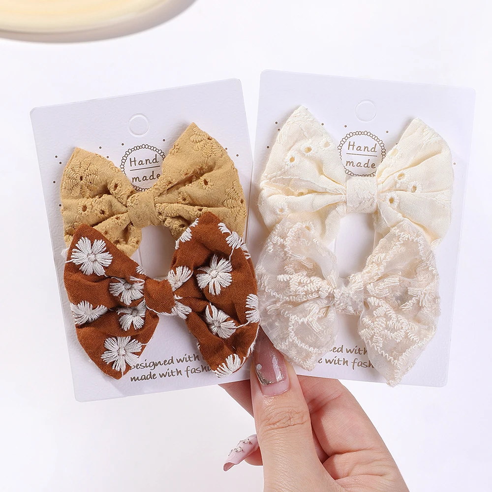 2Pcs/lot Handmade Embroidery Hair Bows Hair Clip for Kids Hair Accessories Lovely Cotton Hairpins Cheer Bow Barrette for Girl