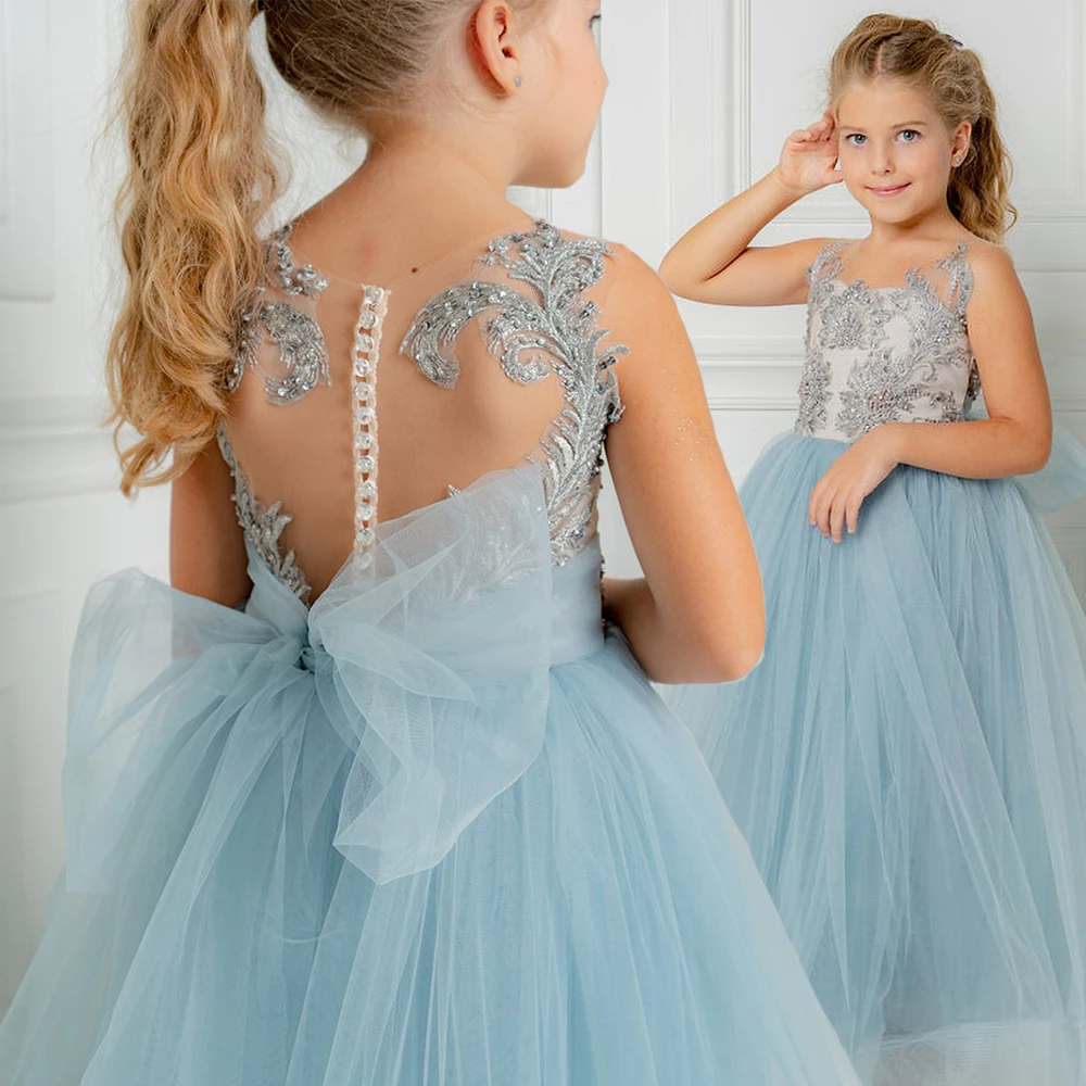 Light Blue Tulle Flower Girl Dress Beaded Sleeveless Appqulies Backless Ball Gown For Wedding Party Kids Birthday Pageant Dress