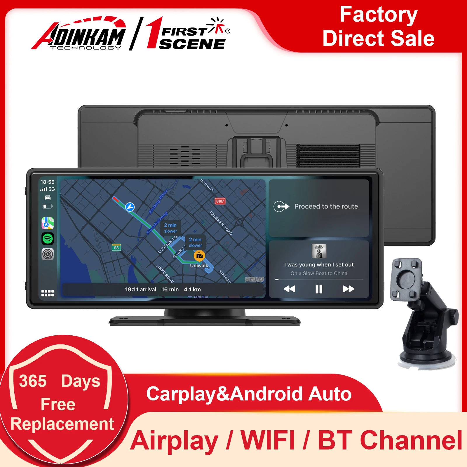 ADINKAM Portable 10.26 Inch Car Smart Screen Carplay Android Auto Built In 5G Hz WiFi BT Support 3 Audios Airplay Dashboard