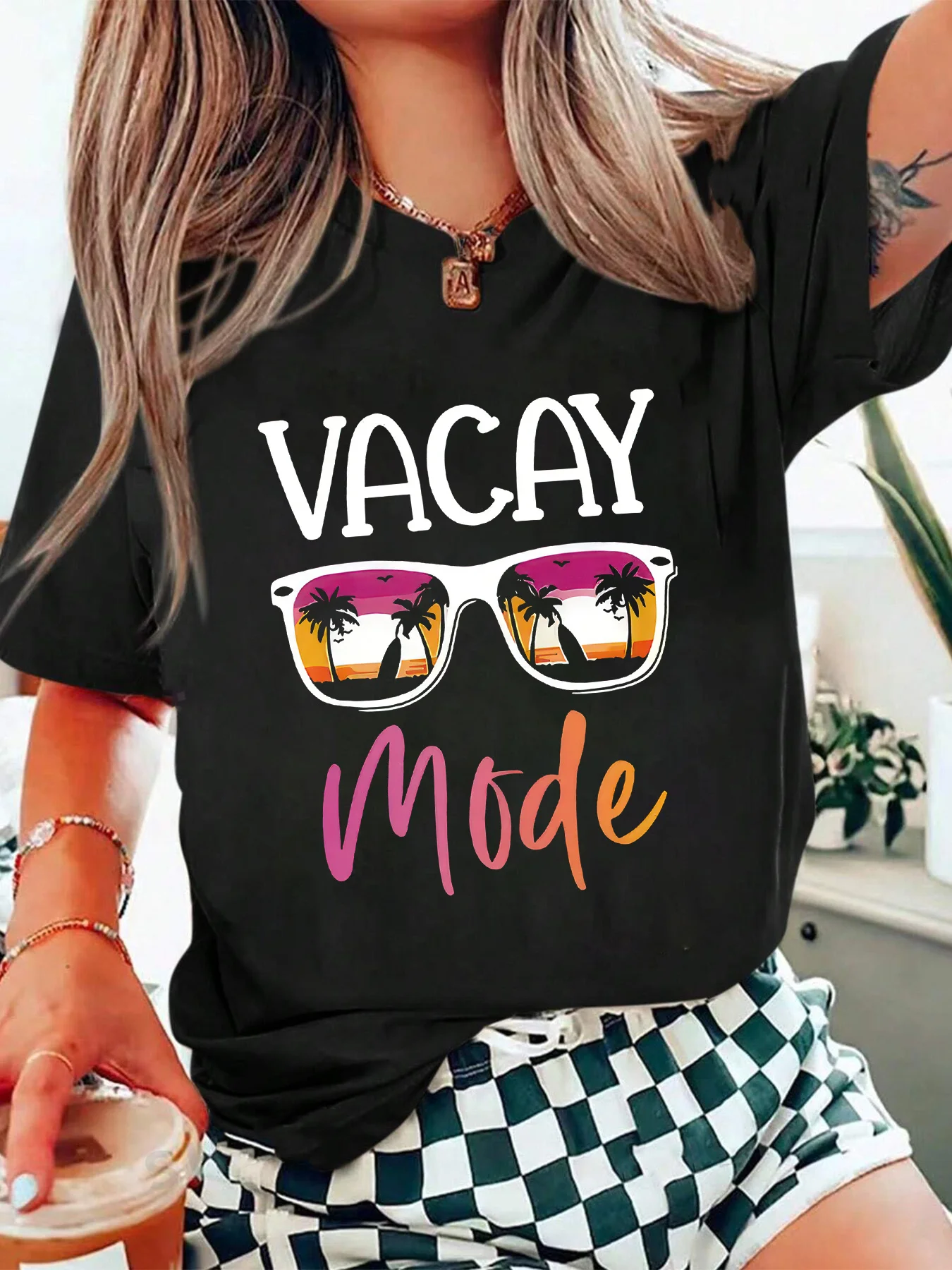 Sunglasses Graphics Print T-Shirt Casual Crew Neck Short Sleeve Comfort Tee Top For Spring  Summer Women's Clothing