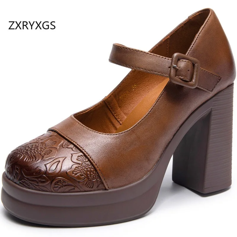 ZXRYXGS Top Cowhide Embossing Thick Sole Ultra High Heels 2026 New Temperament Elegant Fashionable Pumps Women's Banquet Shoes