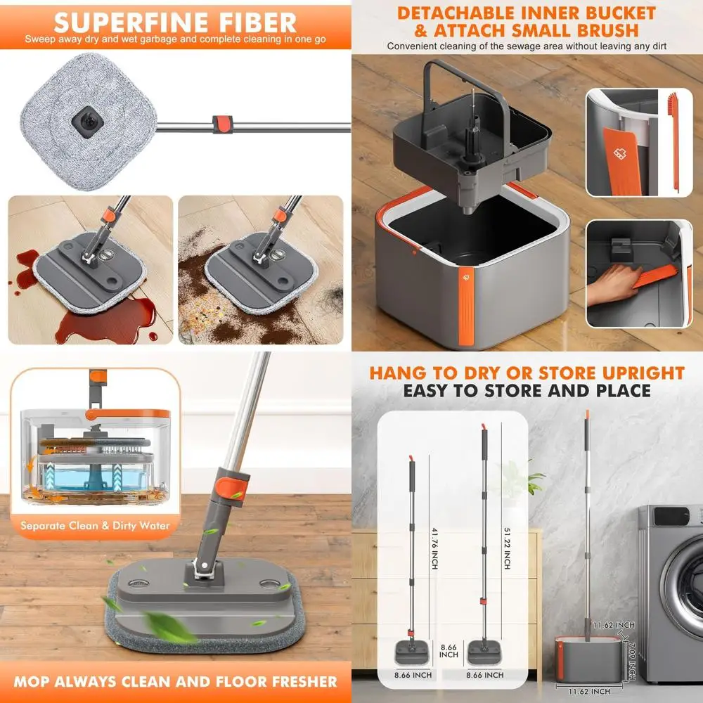 

Усовершенствованная швабра с двойной системой подачи воды, 360° ° Вращающаяся квадратная насадка, моющиеся подушечки из микрофибры, съемное ведро для эффективной уборки