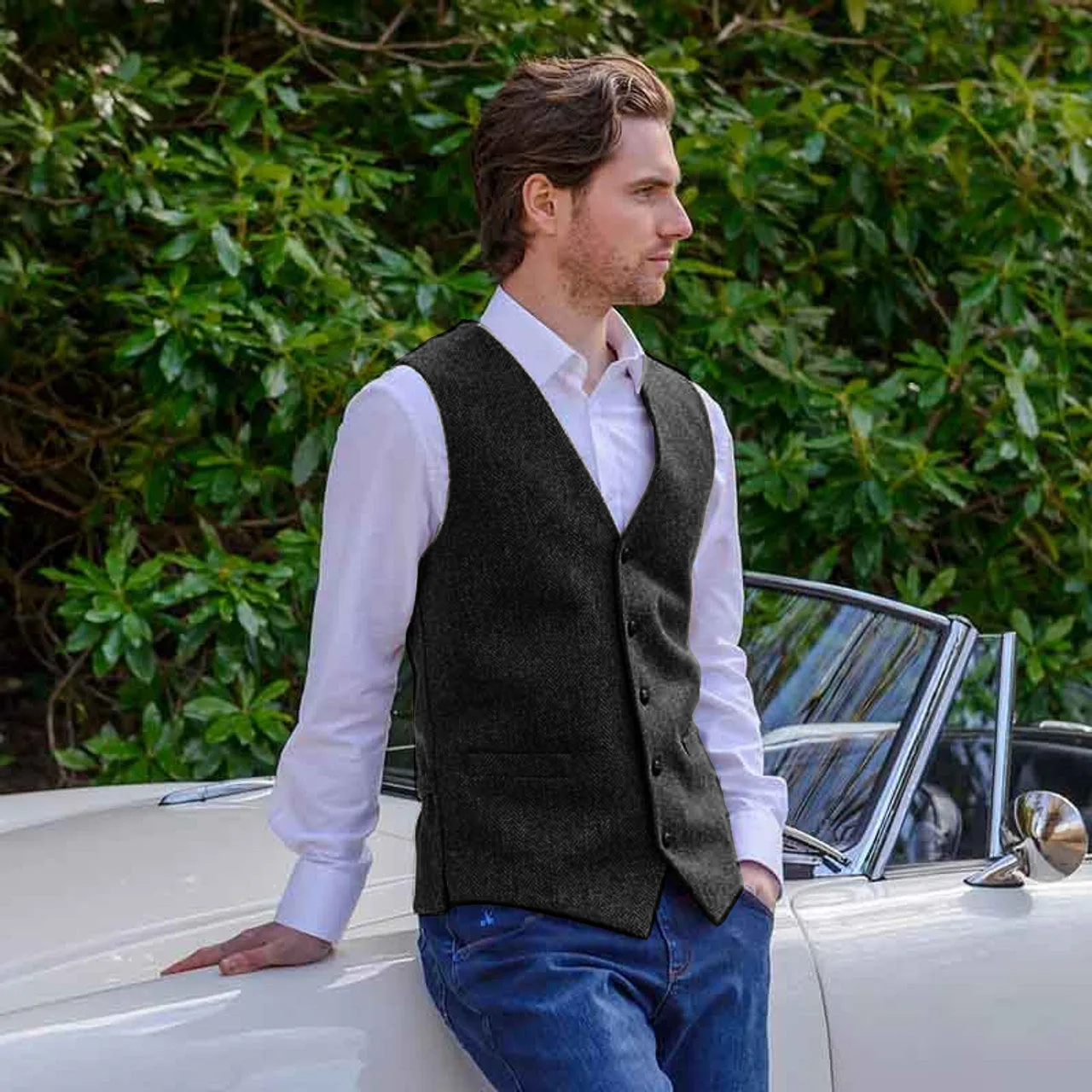 Gilet classique en tweed pour homme avec laine, simple boutonnage, col en V, décontracté, vintage, mariage, garçon d'honneur, fabriqué avec des matériaux de haute qualité