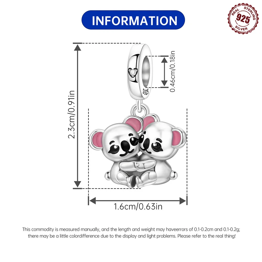 925 Sterling Silver Hugging Koala Couple Dangle Charm Bead Pink Enamel Animal Love Bead fit DIY Bracelet Women Jewelry Gift