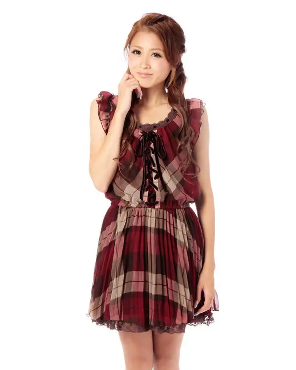 SALES Japan Liz Lisa Chiffon Plaid Printing Lace Velvet Ribbon Dress