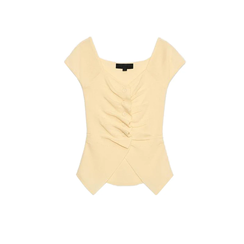 

Spring Summer New Women's Casual Knitted round Ne Single Button Decoration Folded Top Polyester Fiber ort Sve V-ne