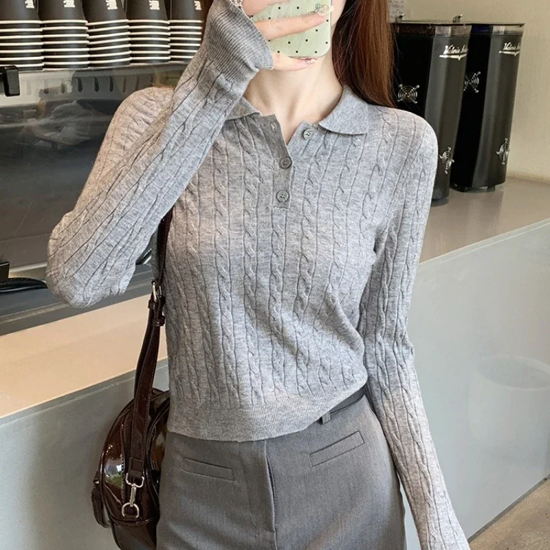 Women Polo Collar Knit Sweater Button-Front Strechy Cable-Knit Long Sleeve Crop Top Plain Jumper Fitted Pullover Tennis Core Y2K