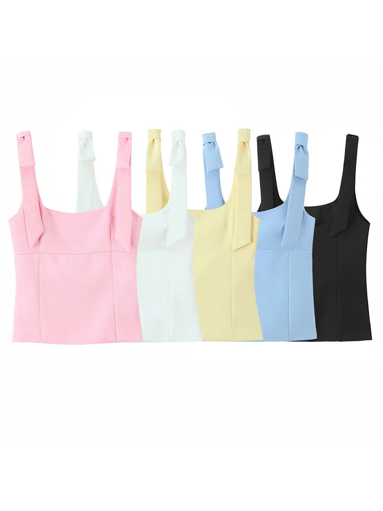 HH Women's New Fashion Solid Bow Square Collar Sling Top Woman Summer Sexy Sleeveless High Street Side Zipper Slim Tops